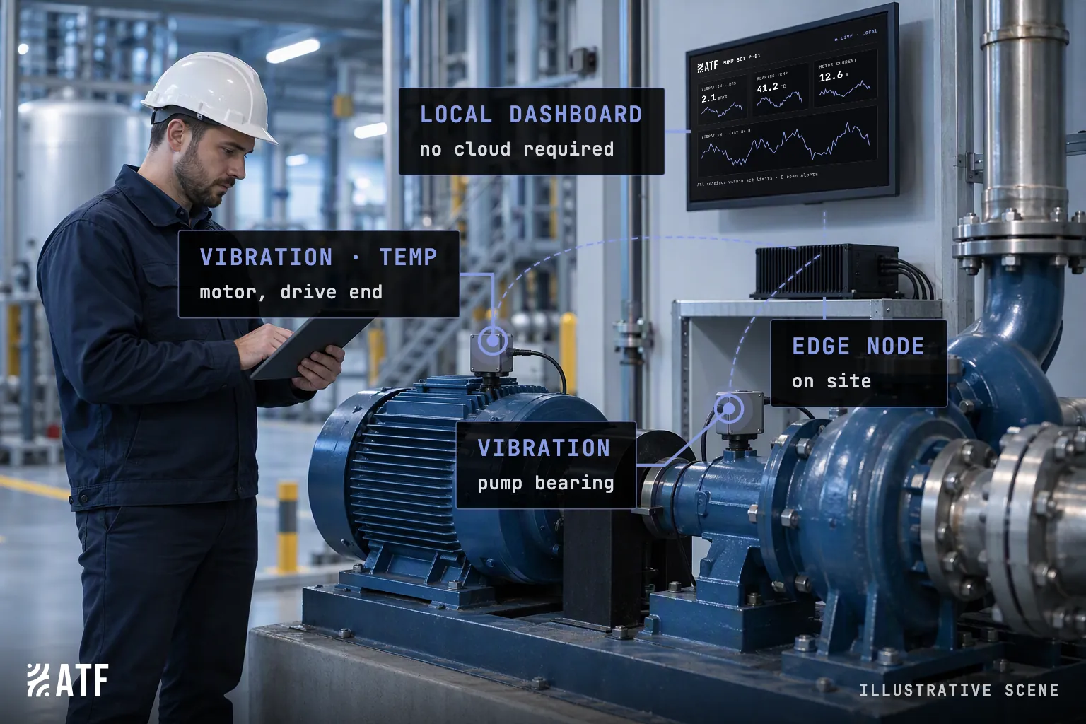 Illustrative scene: an engineer with a tablet beside a motor-driven pump. Sensors on the motor and pump bearing send data to an on-site edge node on a shelf, and a wall screen shows an ATF local dashboard with vibration, bearing temperature and motor current.